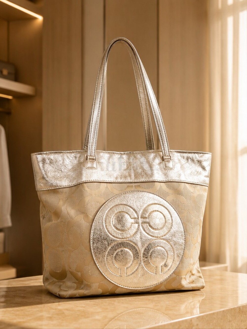 Coach Metallic Logo Jacquard Tote — Gold/Cream EUC